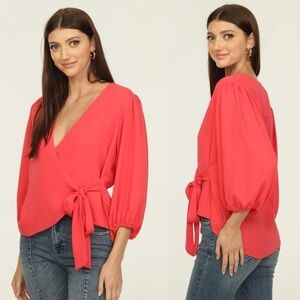 New Boutique Veronica M Coral Bubble Sleeve Wrap Blouse